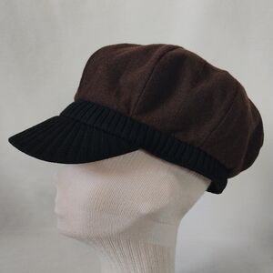 Women's Brown & Black Newsboy Cap Ribbed Brim Cabbie Hat Wool & Cotton Feel